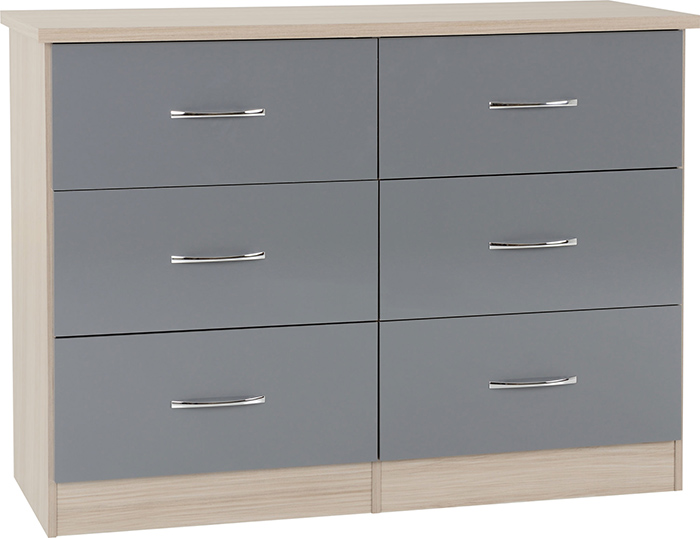 Nevada 6 Drawer Chest In Grey Gloss & Light Oak Effect - Click Image to Close